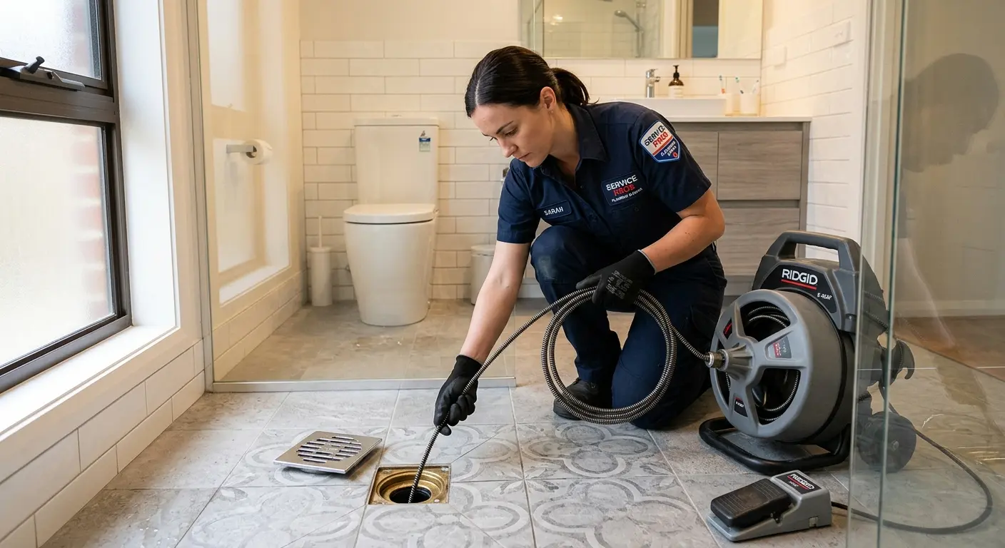 Technician clearing a bathroom floor drain for Hydro Jetting in Parma Heights